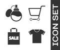 Set T-shirt, Perfume, Shoping bag with Sale and Shopping cart icon. Vector