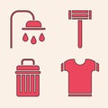Set T-shirt, Shower head, Shaving razor and Trash can icon. Vector