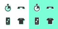 Set T-shirt, Stopwatch, Music player and Step platform icon. Vector