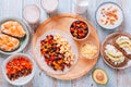 Set table with high protein breakfast dishes, top view