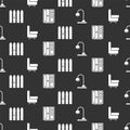 Set Table lamp, Armchair, Garden fence wooden and Wardrobe on seamless pattern. Vector Royalty Free Stock Photo