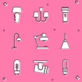 Set Table lamp, Chandelier, Flashlight, Floor, Light emitting diode and Led track lights lamps icon. Vector Royalty Free Stock Photo