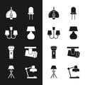 Set Table lamp, Chandelier, Light emitting diode, Flashlight, Led track lights lamps, and Floor icon. Vector Royalty Free Stock Photo