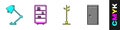 Set Table lamp, Library bookshelf, Coat stand and Closed door icon. Vector Royalty Free Stock Photo