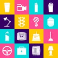 Set Table lamp, Rubber plunger, Propane gas tank, Lighter, Traffic light and icon. Vector Royalty Free Stock Photo
