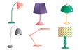 Set of table lamps of different shapes and colors. Vector illustration in flat cartoon style. Royalty Free Stock Photo