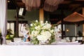 Set table for a white and aqua blue wedding dinner decorated Royalty Free Stock Photo