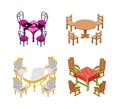 Set tables and chairs isolated. Wooden, gold, classic, New Year. Isometry. Vector illustration.