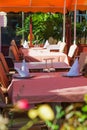 Set tables at outside dining area Royalty Free Stock Photo