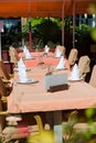 Set tables at outside dining area Royalty Free Stock Photo