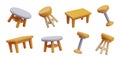 Set of tables and stools of various types. Dining and coffee table, barstool, round kitchen stool