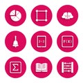 Set Tablet with calculator, Open book, Abacus, Function mathematical symbol, Sigma, Ringing bell, Human brain and Graph