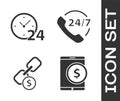 Set Tablet with dollar, Clock 24 hours, Chain link and coin and Telephone 24 hours support icon. Vector