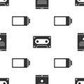 Set Tablet, Retro audio cassette tape and Battery charge level indicator on seamless pattern. Vector Royalty Free Stock Photo