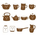 Set tableware with faces, vector doodle illustration, pots, cups and teapots, brown