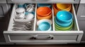 Set of tableware in kitchen drawers. Generative AI Royalty Free Stock Photo