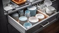 Set of tableware in kitchen drawers. Generative AI Royalty Free Stock Photo
