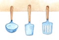 Set of tableware: ladle, kitchen spatula on the wall. Watercolor painting