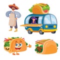 Set of taco seller, fast food truck, tacos, isolated object on a white background, vector illustration Royalty Free Stock Photo