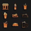 Set Taco with tortilla, Aluminum can soda and donut, Glass water, Ice cream, and Pizzeria building facade icon. Vector Royalty Free Stock Photo