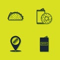 Set Taco with tortilla, Beer can, Location hotdog and Aluminum soda and donut icon. Vector