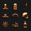 Set Taco with tortilla, Cigar, Tequila bottle, Lime, Sun, Mexican sombrero, Hot chili pepper pod and icon. Vector