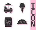 Set Taco with tortilla, Fast street food cart, Bag or packet potato chips and Ice cream in waffle cone icon. Vector Royalty Free Stock Photo