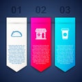 Set Taco with tortilla, Pizzeria building facade and Coffee cup. Business infographic template. Vector