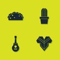 Set Taco with tortilla, Poncho, Mexican guitar and Cactus succulent in pot icon. Vector