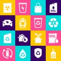 Set Tag with recycle, Oil barrel, Battery, Shopping bag, Eco car drive leaf, Radioactive waste and Recycle bin icon