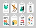 A set of tags with drawings of sewing tools. Sewing machine, fabric and mannequin, buttons and scissors. Royalty Free Stock Photo