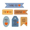 Set of tags with hand drawn lettering and element of red heart - For you, Thank you, Handmade, Made with love, Home made