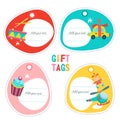 The set of tags, labels. Childrens toys. Drum, cake with a candle, doll, car, helicopter. Vector illustration. Royalty Free Stock Photo