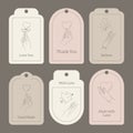 Set of tags with line hands, love signs and text. Labels for hand made product. Line art style. Feminine gesture. Vector