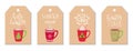 A set of tags with red coffee and cocoa mugs with whipped cream and hand lettering on the theme of winter and coffee. Hand