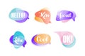 Set of talk expressions in speech bubbles. Hello, kiss, sweet, like, cool, ok greeting phrases and words cartoon vector