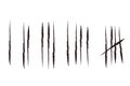Set tally marks lines or sticks hand drawn isolated on white background. Counting waiting number on wall prison. Grunge Royalty Free Stock Photo