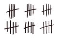 Set tally marks lines or sticks hand drawn isolated on white background. Counting waiting number on wall prison. Grunge Royalty Free Stock Photo