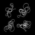 Set of tangled threads. Black outline abstract scrawl sketch. Vector illustration of chaotic doodle shapes, spot. EPS 10