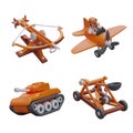 Set of tank, cartoon character on airplane, Medieval toy crossbow and catapult