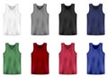 Set of tank top in white, gray,black, blue, green and red colors. Men vest underwear. Isolated sleeveless male sport shirts or men Royalty Free Stock Photo
