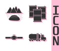 Set Tanker truck, Oilfield, Industry pipes and valve and Barrel oil icon. Vector