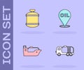 Set Tanker truck, Propane gas tank, Oil tanker ship and Refill petrol fuel location icon. Vector Royalty Free Stock Photo