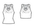 Set of Tanks racerback cowl crop tops technical fashion illustration with ruching, fitted body, waist and tunic length.