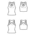 Set of Tanks racerback cowl crop tops technical fashion illustration with ruching, fitted body, waist and tunic length.