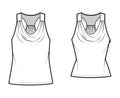 Set of Tanks racerback cowl crop tops technical fashion illustration with ruching, oversized, fitted body, tunic length