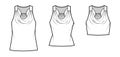 Set of Tanks racerback cowl crop tops technical fashion illustration with ruching, oversized, fitted body, waist, tunic