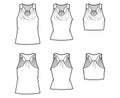 Set of Tanks racerback cowl crop tops technical fashion illustration with ruching, oversized, fitted body, waist, tunic