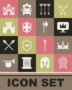 Set Target with arrow, King crown, Location king, Crossed arrows, Shield, Castle, fortress, and Medieval axe icon