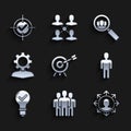 Set Target with arrow, Users group, Project team base, of man in business suit, Light bulb and check mark, Human gear